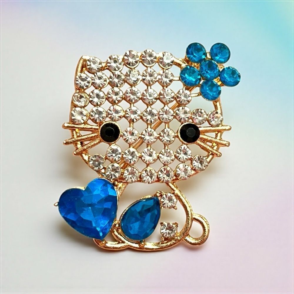Crystal Hello Kitty Brooch with Blue Accents